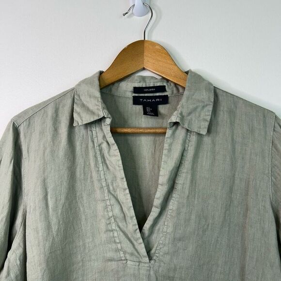 Tahari Green Split Neck 3/4 Sleeve 100% Linen Lagenlook Tunic Top Women's Large - Picture 2 of 9